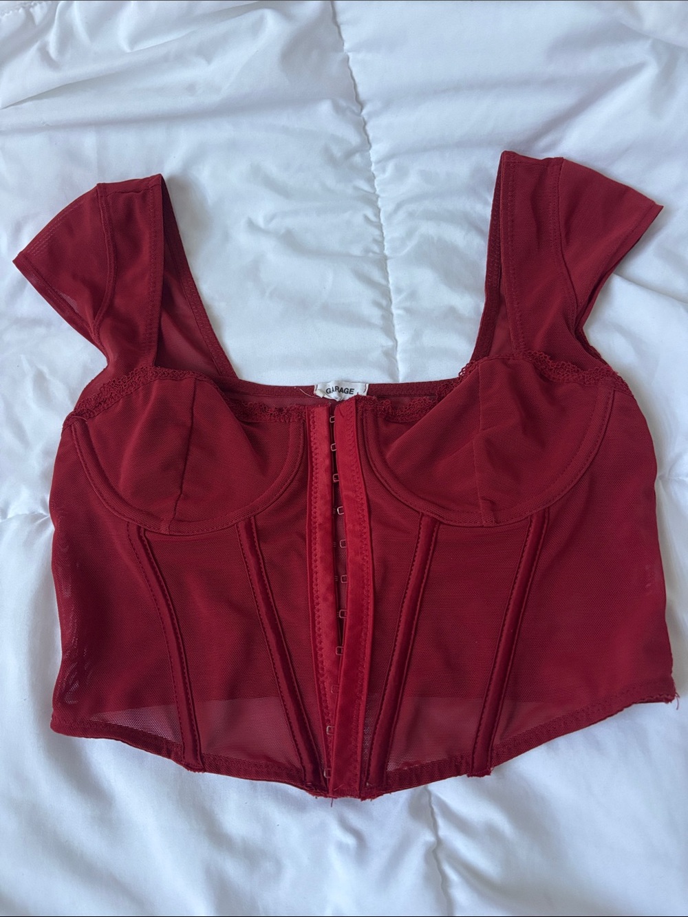 Garage Red Mesh Corset-Style Crop Top